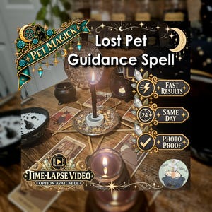 May include: A ritual setup featuring a black candle in a metal holder, surrounded by tarot cards, a small black cauldron, and a star-shaped arrangement of sticks. Text overlays include "Pet Magick," "Lost Pet Guidance Spell," and service details.