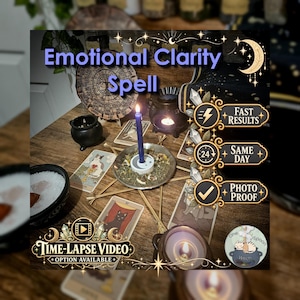 May include: A ritual setup featuring a blue candle in a metal dish surrounded by dried herbs, a star-shaped twig frame, and tarot cards. The image includes text reading Emotional Clarity Spell, Fast Results, Same Day, Photo Proof, and Time-Lapse Video.