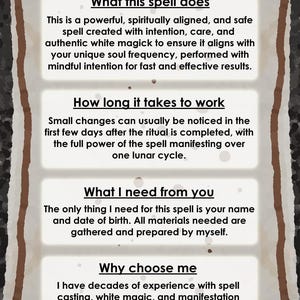 Puede incluir: Un letrero informativo rectangular con un borde marr&oacute;n oscuro y un centro gris claro. El texto dice FAQ, What this spell does, How long it takes to work, What I need from you y Why choose me, seguido de p&aacute;rrafos descriptivos.