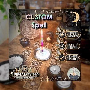 May include: A ritual setup featuring a lit rainbow taper candle in a white holder on a silver plate, surrounded by tarot cards, small black cauldrons, and a circular zodiac chart. Text overlays include Custom Spell, Fast Results, Same Day, and Photo Proof.