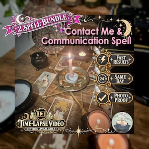 May include: A spell bundle kit featuring a pink candle in a metal holder, surrounded by dried herbs and twigs arranged in a star shape on a wooden surface. Tarot cards, a small black cauldron, and text reading 2 Spell Bundle Contact Me & Communication Spell are visible.