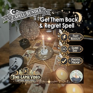May include: A 2 Spell Bundle Get Them Back & Regret Spell display featuring a central white candle in a metal dish, surrounded by tarot cards, a small black cauldron, a wooden calendar wheel, and text labels for fast results, same day, and photo proof.