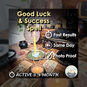 Op de afbeelding: Een mystieke setting met een brandende gele kaars, tarotkaarten en een kleine zwarte ketel. Tekst luidt "Good Luck & Success Spell", "Fast Results", "Same Day", "Photo Proof" en "Active 3-4 Month".