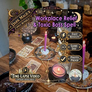 May include: A spell bundle kit featuring a pink candle in a metal holder, tarot cards, a small black cauldron, and text reading Dark Magick 2 Spell Bundle, Workplace Relief & Toxic Boss Spell, Fast Results, Same Day, Photo Proof, and Time-Lapse Video.