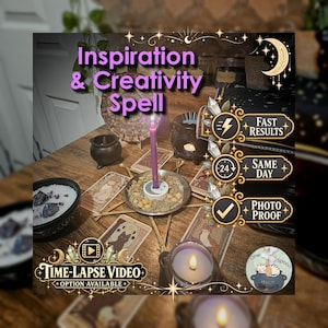 May include: A purple candle sits in a metal holder surrounded by dried herbs and tarot cards on a wooden surface. Text reads Inspiration & Creativity Spell, Fast Results, Same Day, Photo Proof, and Time-Lapse Video Option Available.