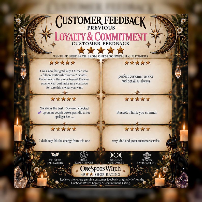 Puede incluir: Un gr&aacute;fico de comentarios de clientes titulado Loyalty & Commitment con seis rese&ntilde;as de cinco estrellas, dos estatuas de gatos negros, dos velas encendidas e ilustraciones de lunas crecientes. El texto incluye la calificaci&oacute;n de OneSpoonWitch.