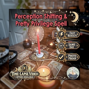 Könnte beinhalten: Ein Ritual-Set mit einer roten Kerze in einer Metallschale, umgeben von Tarotkarten, einem kleinen schwarzen Kessel und einer runden Holzplatte. Der Text lautet Perception Shifting & Pretty Privilege Spell, Fast Results, Same Day, Photo Proof und Time-Lapse Video Option Available.