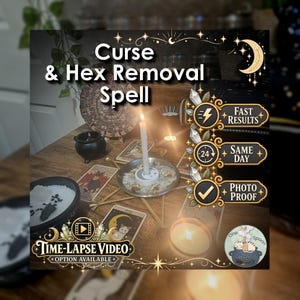 May include: A white candle stands in a metal dish surrounded by a star-shaped arrangement of sticks, tarot cards, a small black cauldron, and salt. Text reads Curse & Hex Removal Spell, Fast Results, Same Day, Photo Proof, and Time-Lapse Video.