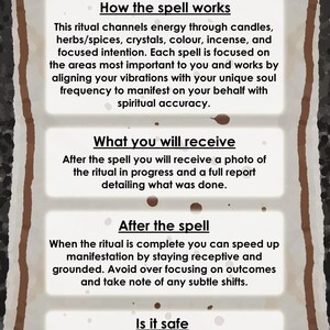 Puede incluir: Una hoja de informaci&oacute;n de preguntas frecuentes rectangular con un fondo estilo pergamino y bordes marrones. El texto incluye secciones tituladas How the spell works, What you will receive, After the spell y Is it safe, detallando rituales.