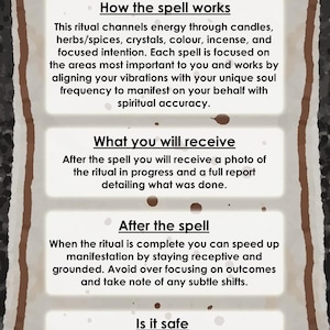 May include: An FAQ document with a brown border and a textured background. The title "FAQ" is at the top. The document explains how spells work, what you receive, what happens after the spell, and if it's safe.