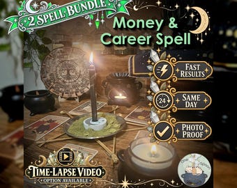 Puede incluir: Un kit de hechizos 2 Spell Bundle Money & Career con una vela negra encendida sobre un plato con hierbas, un disco de calendario de madera, cartas de tarot y un pequeño caldero negro. El texto incluye Fast Results, Same Day, Photo Proof y Time-Lapse Video.