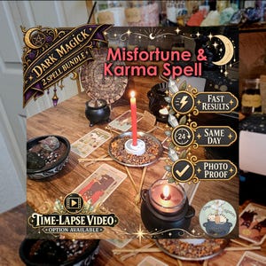 Puede incluir: Un kit de hechizos con una vela roja en un plato de metal, calderos negros, cartas de tarot y palitos de madera. Los textos incluyen Dark Magick 2 Spell Bundle, Misfortune & Karma Spell, Fast Results, Same Day, Photo Proof y Time-Lapse Video.