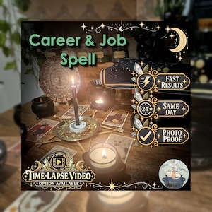 Puede incluir: Un montaje ritual con una vela negra en un plato de metal con hierbas, rodeado de cartas del tarot, un pequeño caldero y un calentador de velas. El texto incluye Career & Job Spell, Fast Results, Same Day, Photo Proof y Time-Lapse Video.
