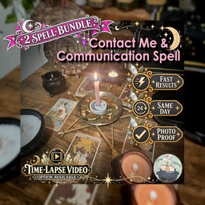 Può includere: Un set rituale con una candela rosa in un piatto di metallo con erbe essiccate, circondato da carte dei tarocchi, un piccolo calderone nero e una tavola di legno. Il testo include 2 Spell Bundle, Contact Me & Communication Spell, Fast Results, Same Day, Photo Proof e Time-Lapse Video Option Available.