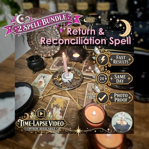 May include: A 2 Spell Bundle Return & Reconciliation Spell kit featuring tarot cards with cat illustrations, a pink candle in a metal dish with dark herbs, two black cauldrons with candles, and text overlays including Fast Results, Same Day, and Photo Proof.
