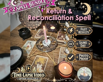 May include: A 2 Spell Bundle Return & Reconciliation Spell kit featuring tarot cards with cat illustrations, a pink candle in a metal dish with dark herbs, two black cauldrons with candles, and text overlays including Fast Results, Same Day, and Photo Proof.