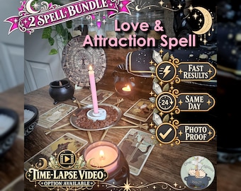 Puede incluir: Un kit de hechizos 2 Spell Bundle Love & Attraction con una vela rosa en un plato metálico, cristales marrones, un pequeño caldero negro, cartas de tarot, un disco de madera árbol de la vida y textos como Fast Results y Photo Proof.