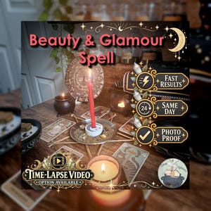 Könnte beinhalten: Eine rote Kerze steht in einer Metallschale, umgeben von Tarotkarten und einer runden Holzplatte. Textüberlagerungen zeigen Beauty & Glamour Spell, Fast Results, Same Day, Photo Proof und Time-Lapse Video Option Available mit einer Katzenabbildung.