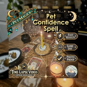 May include: A Pet Confidence Spell display featuring a yellow candle in a holder, surrounded by tarot cards, a small black cauldron, and a bowl of salt with a stone. Text includes Pet Magick, Fast Results, Same Day, and Photo Proof.