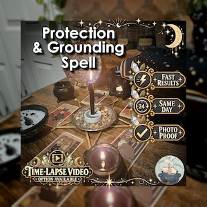 May include: A black candle burning in a white holder on a plate, surrounded by tarot cards arranged in a star shape, a small black cauldron, and text reading Protection & Grounding Spell, Fast Results, Same Day, Photo Proof, and Time-Lapse Video.