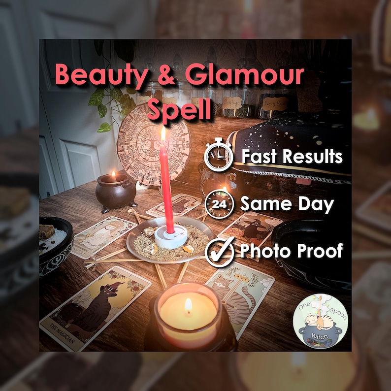 May include: A red candle in a white holder sits on a plate surrounded by tarot cards, a small black cauldron, and a lit candle in a glass jar. Text reads Beauty & Glamour Spell, Fast Results, 24 Same Day, and Photo Proof with a logo.