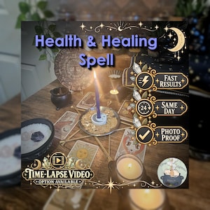 May include: A ritual setup featuring a purple candle in a holder, surrounded by tarot cards, a small black cauldron, and wooden sticks. Text overlays include Health & Healing Spell, Fast Results, Same Day, Photo Proof, and Time-Lapse Video Option Available.