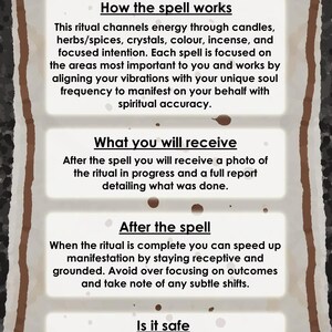 May include: An FAQ document with a brown border and a textured background. The document contains information about how a spell works, what you will receive, what happens after the spell, and if it is safe.