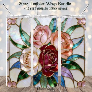 Faux Stained Glass Rose Tumbler Wrap 20oz Skinny | Digital Floral Sublimation Design PNG | Unique Art Deco Flower Effect