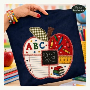 School Apple Faux Patchwork Graphic, ABC Teacher Clipart (Digital Download)