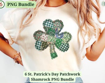 Paquete de 6 imágenes PNG de tréboles de patchwork, imágenes prediseñadas de trébol del Día de San Patricio (descarga digital)