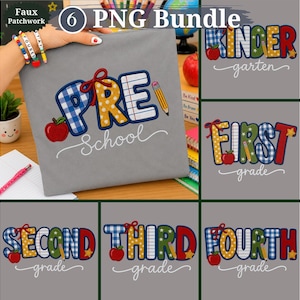 Faux Patchwork School Grades png Bundle - Back to School Teacher Student Digital Files, Kindergarten Pre K 1st 2nd 3rd 4th Grade Applique