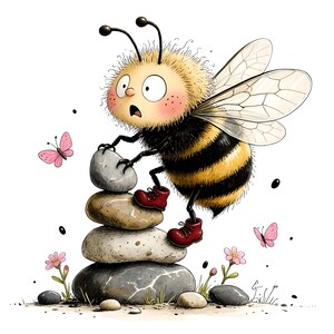 May include: A cartoon illustration of a surprised bee wearing red boots, balancing stones. The bee has a yellow and black striped body, large eyes, and is surrounded by pink butterflies and flowers.
