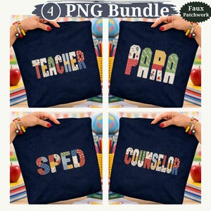 May include: A bundle of four dark navy blue fabric squares featuring faux patchwork lettering. The designs display the words TEACHER, PARA, SPED, and COUNSELOR in multi-colored, patterned block letters with a stitched appearance.