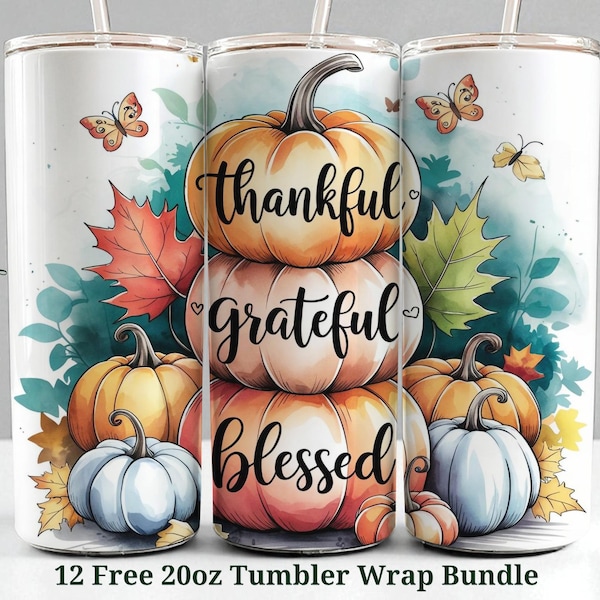 Thankful Grateful Blessed Pumpkin Tumbler Wrap, Watercolor Fall Sublimation PNG (Digital Download)