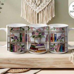 Faux Stained Glass Bookshelf Mug Wrap | Library Reader PNG (Digital Download)