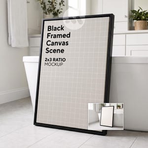May include: A black framed canvas scene mockup with a 2x3 ratio. The canvas has a grid pattern on a beige background. The frame is leaning against a white bathtub in a bathroom setting. A smaller inset image shows the same canvas.