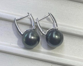 18k Solid White Gold Tahitian Pearl Huggie Earrings, Peacock Luster Hoops