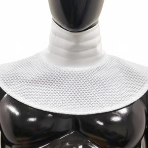 Może przedstawiać: Biały kołnierz szermierczy, z wyściełanym kołnierzem i siatkowym śliniakiem. Kołnierz ma chronić szyję i klatkę piersiową podczas szermierki. Kołnierz jest prezentowany na czarnym manekinie.