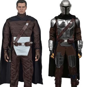 May include: Two costumes inspired by a science fiction series. One features a brown and black outfit with a black cape, a white panel, and a utility belt. The other is a metallic silver helmet and armor with a brown and black outfit and a black cape.