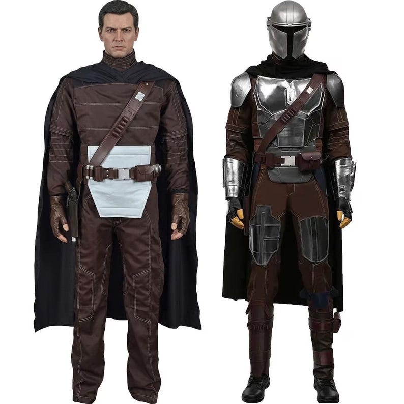 May include: Two costumes inspired by a science fiction series. One features a brown and black outfit with a black cape, a white panel, and a utility belt. The other is a metallic silver helmet and armor with a brown and black outfit and a black cape.