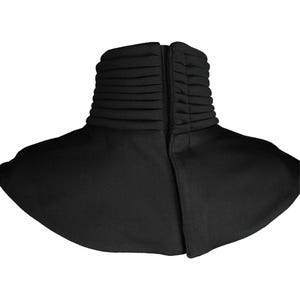 Puede incluir: Una prenda negra de cuello alto con cuello plisado y cremallera frontal. El cuello se ensancha en los hombros, creando una silueta dram&aacute;tica. La tela parece ser un material mate.