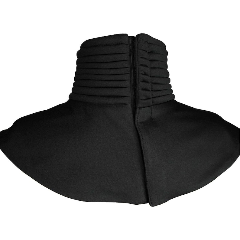Puede incluir: Una prenda negra de cuello alto con cuello plisado y cremallera frontal. El cuello se ensancha en los hombros, creando una silueta dram&aacute;tica. La tela parece ser un material mate.