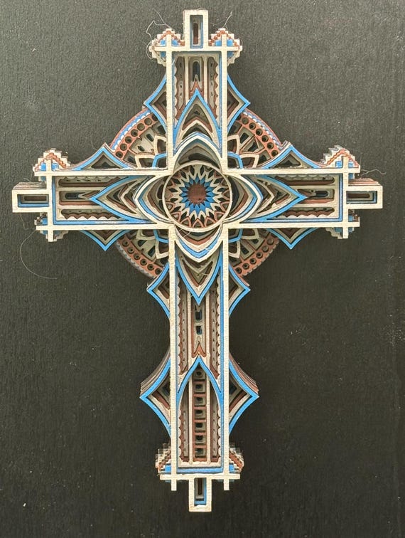 Layered Cross Wall Art – Geometric 3D Wood Cross | 7” x 5” | Faith Decor | Custom Colors