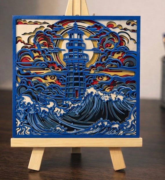 Layered Lighthouse Wood Art | Ocean Wave Laser Cut Wall Hanging (11.5x11.5)