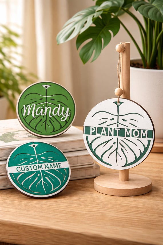 Personalized Monstera Plant Sign | Custom Wooden Name Tag, Houseplant Decor