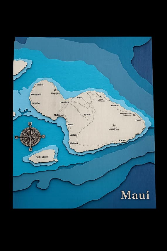 Maui Hawaii Wood Map Art | 3D Layered Ocean Coastal Decor (11.5 x 15.5)