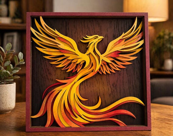 Layered Wood Phoenix Wall Art, Fire Bird Decor, Laser Cut Gradient Finish