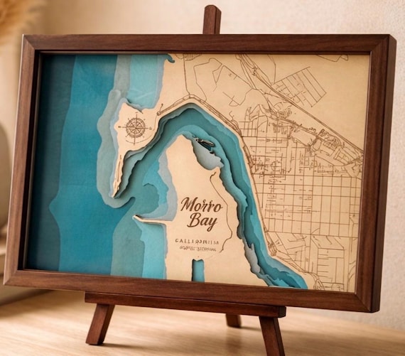 Morro Bay Layered Wood Map Art | Coastal California Wall Decor (11.5x17")