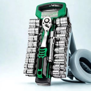 Könnte beinhalten: Ein professionelles 1/2-Zoll-Antriebs-Steckschlüsselsatz mit 12 Teilen. Das Set enthält einen Ratschenschlüssel mit grünem und schwarzem Griff, eine Steckschlüsselverlängerung und mehrere Chrom-Steckschlüssel. Das Set wird in einem grünen und grauen Aufbewahrungskoffer aufbewahrt.