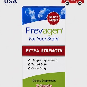 May include: A rectangular box of Prevagen Extra Strength dietary supplement containing 60 capsules. The blue and white packaging features the text 60 Day Supply, For Your Brain, Unique Ingredient, Tested Safe, and Once Daily on the front.